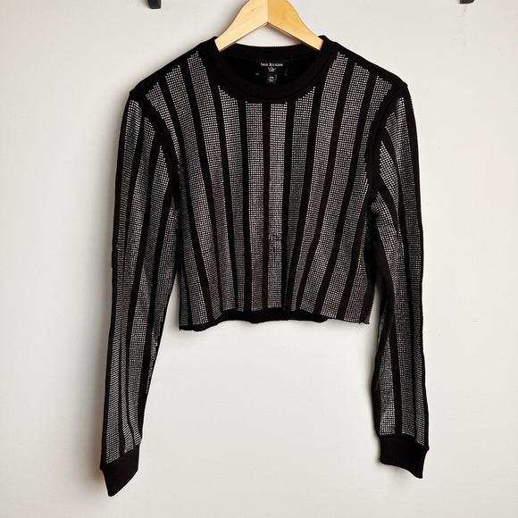 True Religion Women's Long Sleeve Crystal Crop Pullover Top Medium - Picture 1 of 8